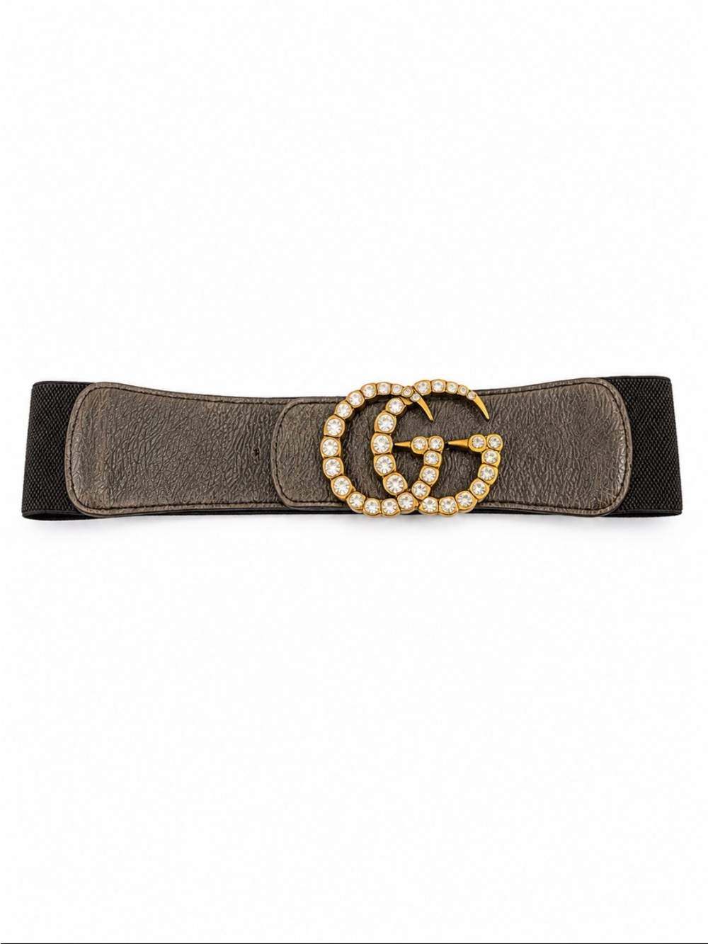Rhinestone Double-G Inspired Stretch Waist Belt – Black & Gold Statement Belt